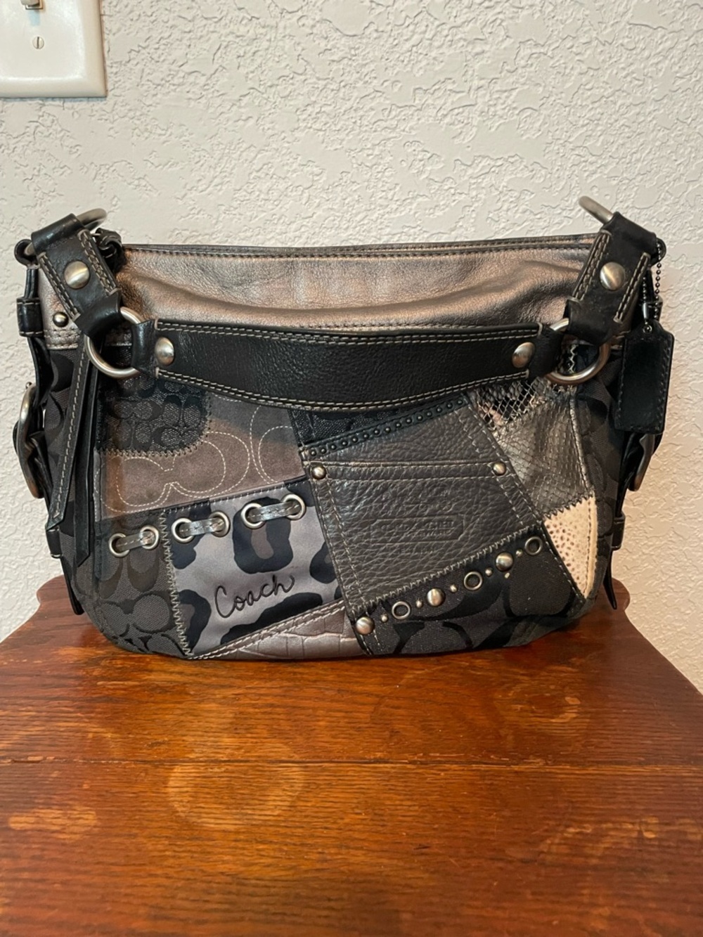Gorgeous rare Coach shoulder bag. Black and shades of gray patchwork. - Picture 2 of 8